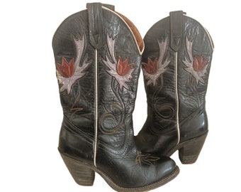 Girls LEATHER COWBOY BOOTS with Tulip Flower Design, Children Western Boots Size 36 uk 3 us 5, Line Dancing Ankle Boots