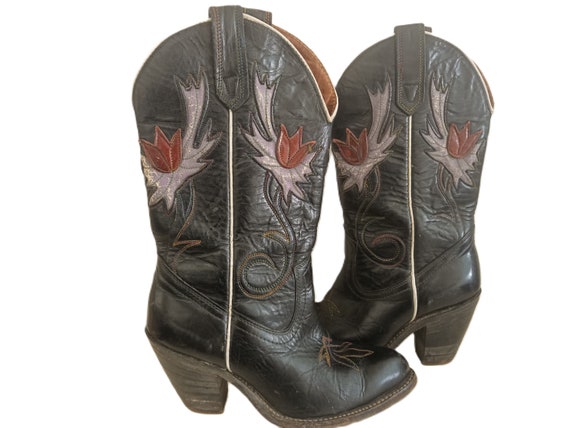 Girls LEATHER COWBOY BOOTS with Tulip Flower Desi… - image 1