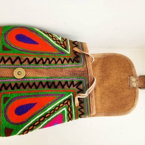 SMALL LEATHER BACKPACK, Women's Real Leather Backpack Purse, Mini Rucksack, Multicoloured Hippie Bag Tan, Ethnic Embroidered Purse Boho image 8
