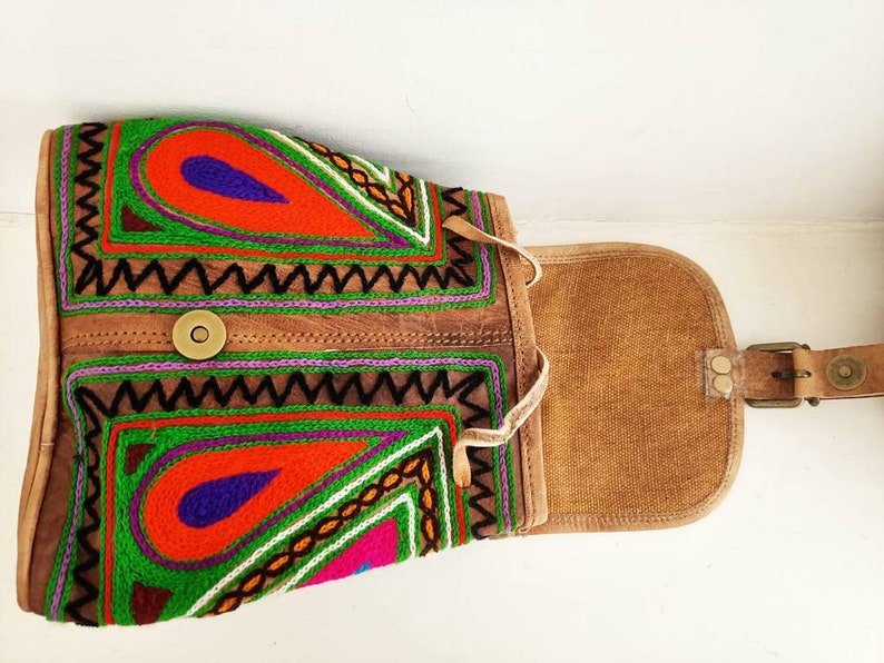 SMALL LEATHER BACKPACK, Women's Real Leather Backpack Purse, Mini Rucksack, Multicoloured Hippie Bag Tan, Ethnic Embroidered Purse Boho image 8