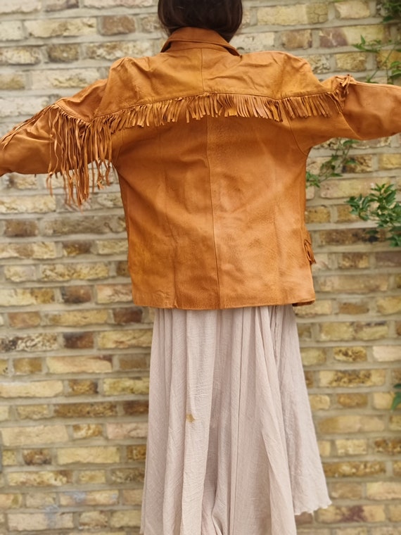 Vintage TASSEL LEATHER JACKET Tan S, Western Fringe J… Gem