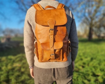 Unisex 16" Real Leather Backpack in Tan Brown - Minimalist Rucksack for Men and Women