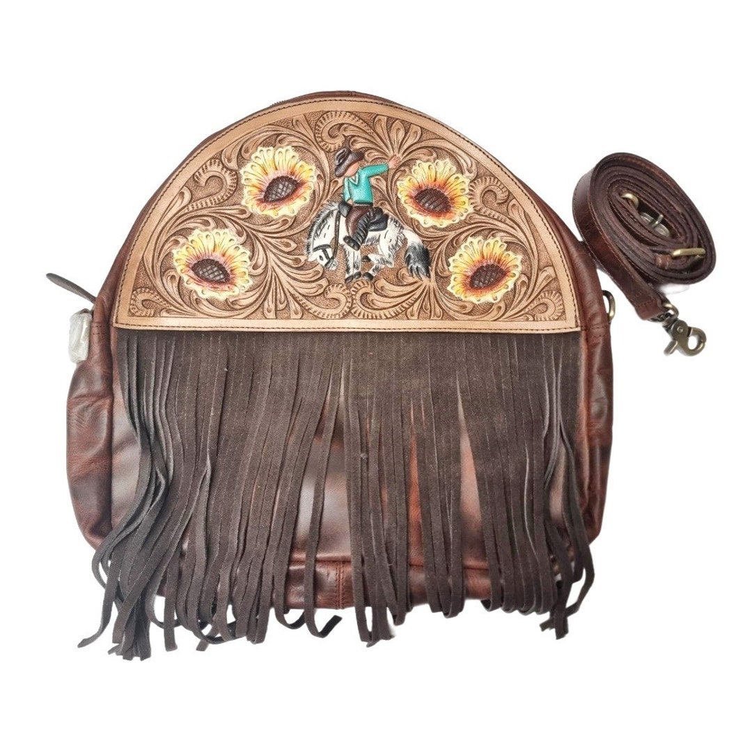 Western Rug Purses Large Western Leather Fringe Bag, Hand Tooled Floral Sunflower Leather ...
