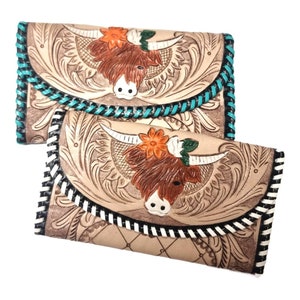 Cartera de cuero estilo occidental para mujer, hecha a mano. Cartera de cuero genuino con diseño de vaca de las Tierras Altas. Cabeza de búfalo vintage con cuernos largos.