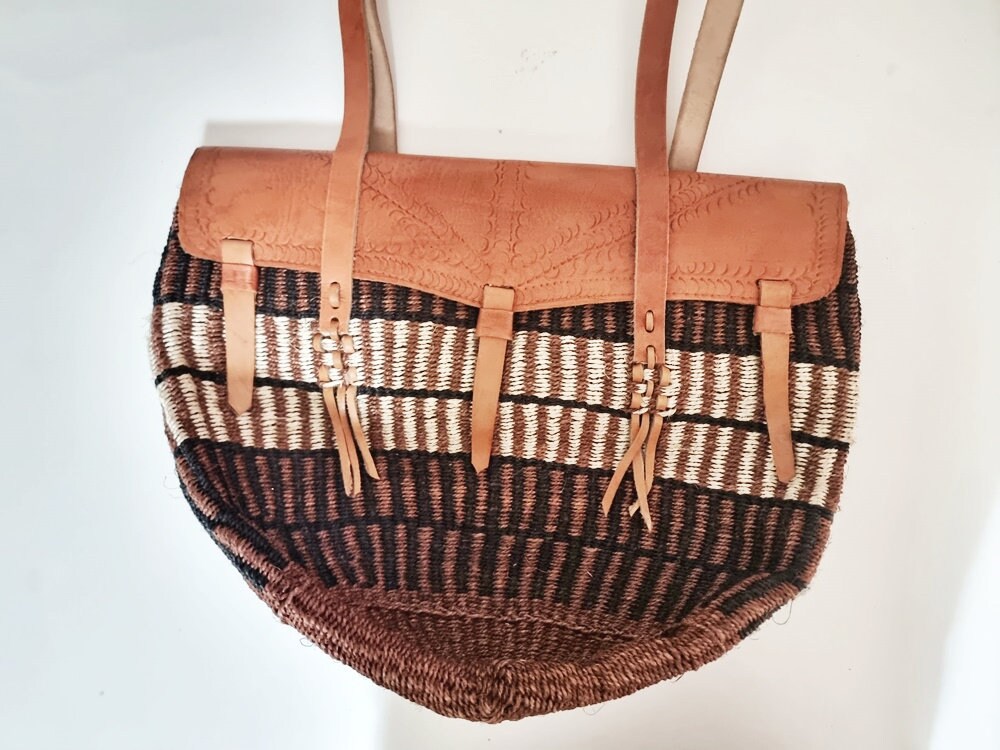 60〜70s USMA ヴィンテージ トート Large VINTAGE SISAL LEATHER Bag, 60s 70s Woven Bucket Bag
