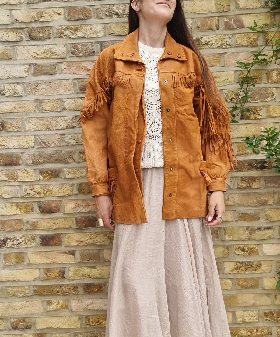 Vintage TASSEL LEATHER JACKET Tan S, Western Fringe Jacket, Motorcycle