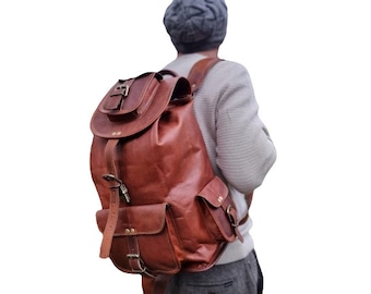 Large Vintage Leather Backpack for Men - 15 Inch Laptop Bag - Handcrafted Genuine Leather Travel Rucksack in Minimalist Design