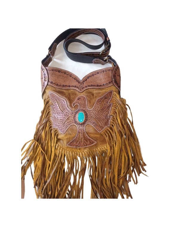 Large FRINGE LEATHER BAG With Turquoise Stone, Tassel Western 