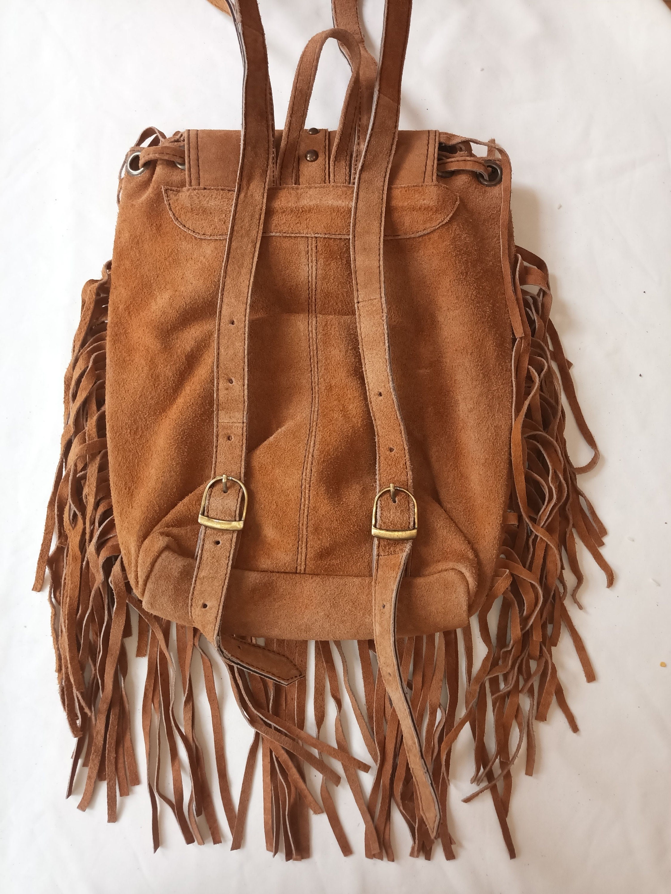 Hippie FRINGE LEATHER BAG Ethnic Tassel boho tan Western vintage Native  Festival