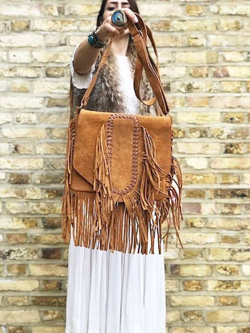 Braided FRINGE LEATHER BAG Tan Hippie Suede Tassel Handbag image 2