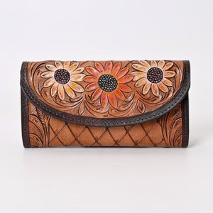 Cartera de piel con diseño de girasol para mujer, estilo western con detalles florales, clutch botánico vintage