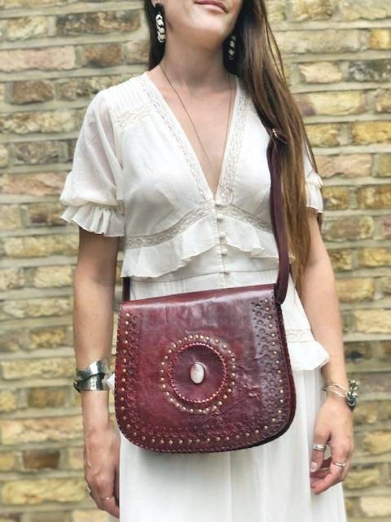 Tassel WESTERN LEATHER PURSE Stone, Boho Fringe Bag, Tooled Flower Saddle  Bag