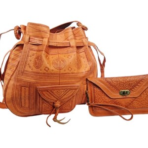 Moroccan Bucket Bag and Wallet Set, Oversize Leather Shopper Tote with Shoulder Strap, Tooled Leather Clutch, Unique Gift Set for Women