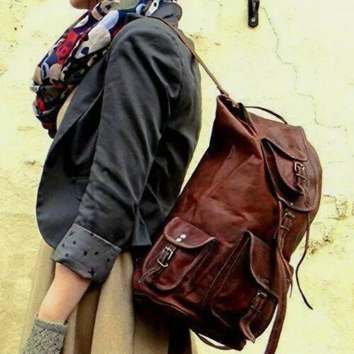 Leather Backpack Bag Men Travel Laptop School Shoulder Rucksack Brown/Black Goat 