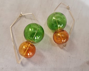 MINIMALIST BUBBLE EARRINGS, Geometric Glass Ball Hoop Earrings, Bottle Green Amber Earrings, Gift for Her