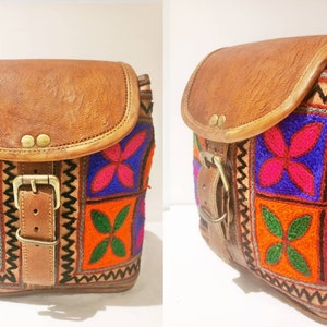 SMALL LEATHER BACKPACK, Women's Real Leather Backpack Purse, Mini Rucksack, Multicoloured Hippie Bag Tan, Ethnic Embroidered Purse Boho Design 4