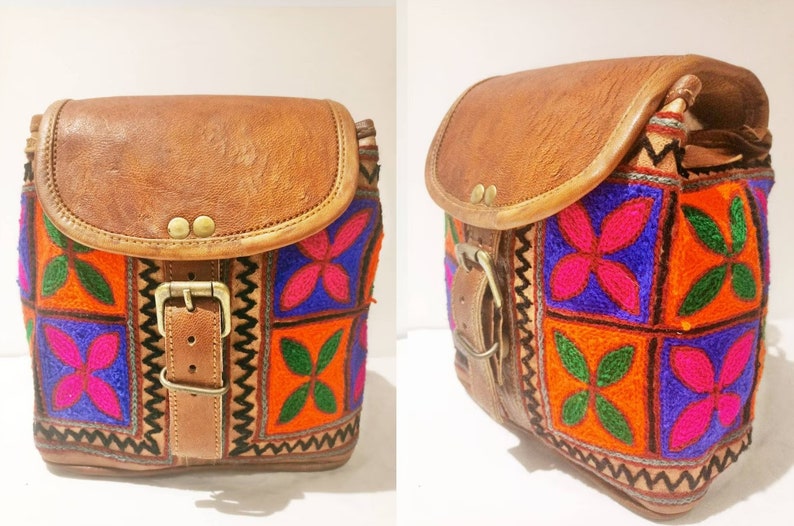 SMALL LEATHER BACKPACK, Women's Real Leather Backpack Purse, Mini Rucksack, Multicoloured Hippie Bag Tan, Ethnic Embroidered Purse Boho Design 4