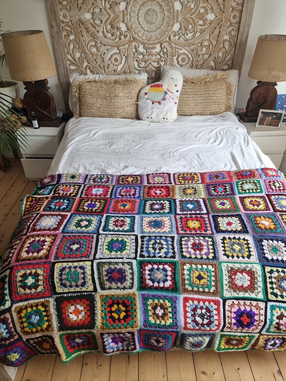 Buy 1970s Crochet Blanket Boho Vintage Hippie Throw Knitted Rainbow Square Blanket Hand Knit Wool Throw Cottagecore Home Bed Cover Afghan Online in India Etsy
