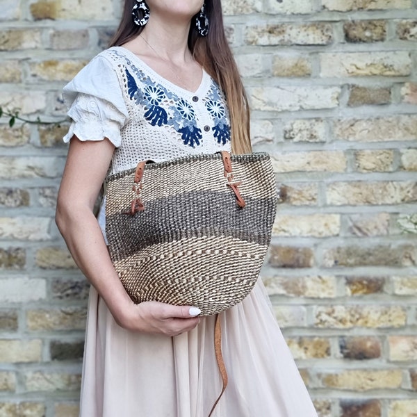 Large SISAL BUCKET BAG - Ethnic Leather Shopper - Extra Large Women Tote Bag - Woven Straw Bag for Summer - African Kiondo