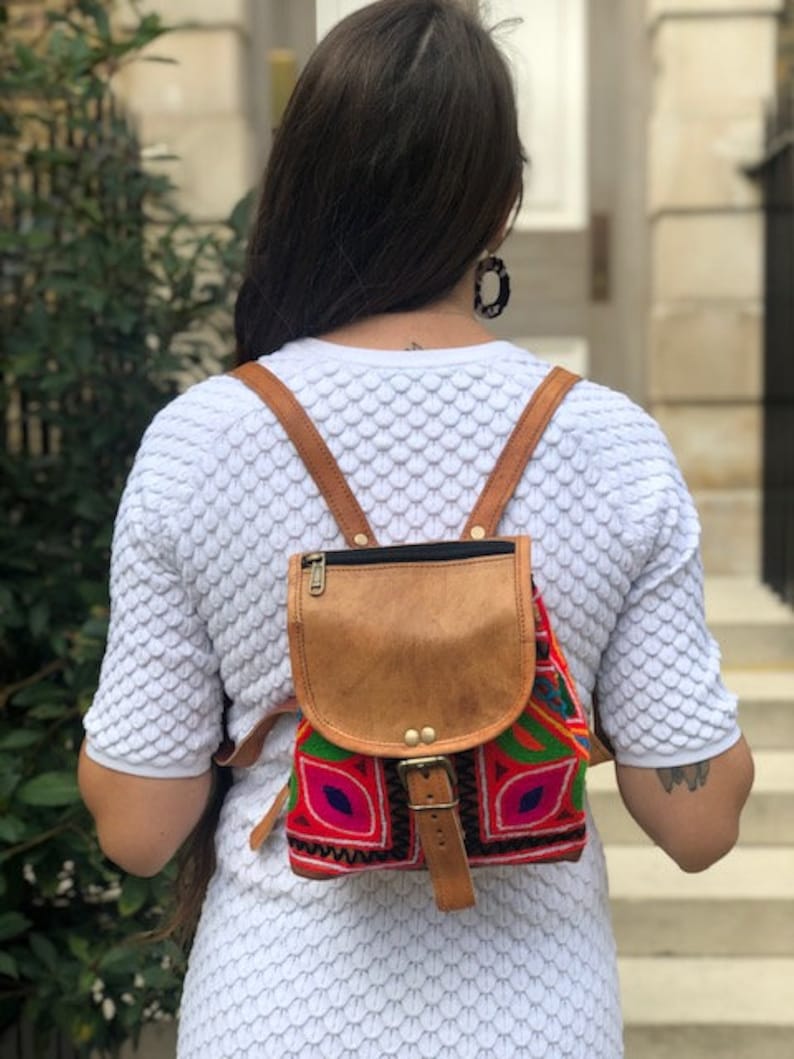 SMALL LEATHER BACKPACK, Women's Real Leather Backpack Purse, Mini Rucksack, Multicoloured Hippie Bag Tan, Ethnic Embroidered Purse Boho image 2