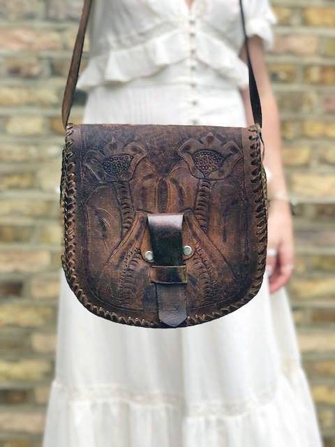 Unusual 70s TOOLED LEATHER Bag Embossed Bohemian Handbag