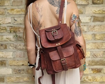 Dark Brown GENUINE LEATHER BACKPACK Purse - Practical Women Travel Rucksack with Canvas Lining - Minimalist Vintage Style Bag