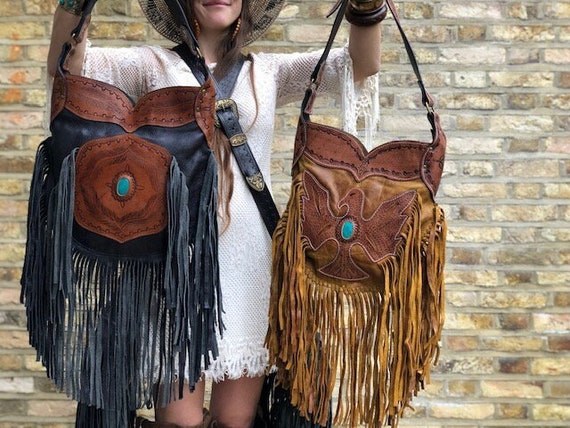 Large FRINGE LEATHER BAG With Turquoise Stone Tassel Western -  UK