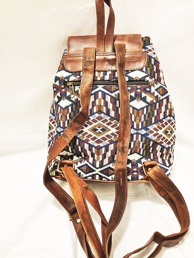 Student Backpack Hippie Carpet Rucksack Travel Bag Ethnic Tapestry Bag TRIBAL LEATHER BACKPACK Tan Vintage Woven Kilim Backpack