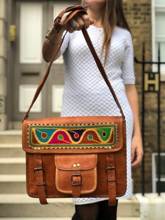 Unique Embroidered Leather Messenger Bag for Women Large Laptop