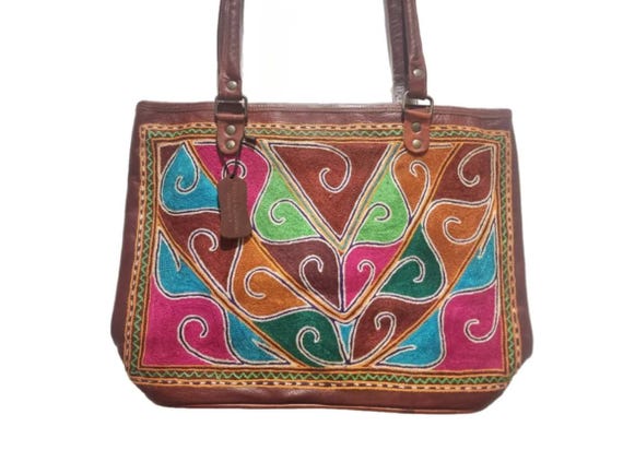 Large Unique Embroidered Leather Tote Bag - Artisan Crafted