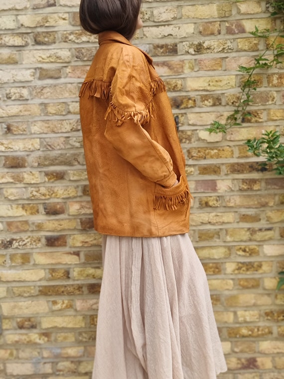 Vintage TASSEL LEATHER JACKET Tan S, Western Fringe J… Gem