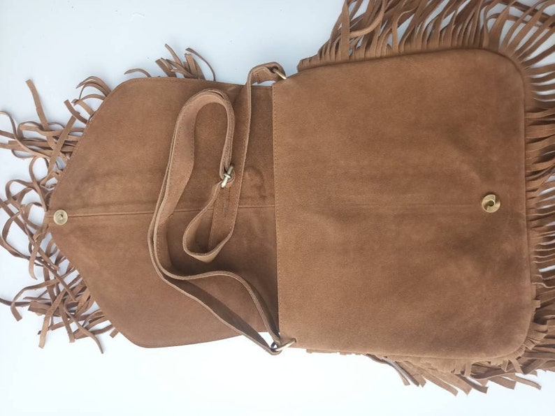 Braided FRINGE LEATHER BAG Tan Hippie Suede Tassel Handbag image 6