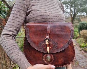 Tooled WESTERN LEATHER PURSE with Stone, Vintage Hippie Bag, Custom Women Bag, Cowboy Saddle Bag, Cowgirl Outfit