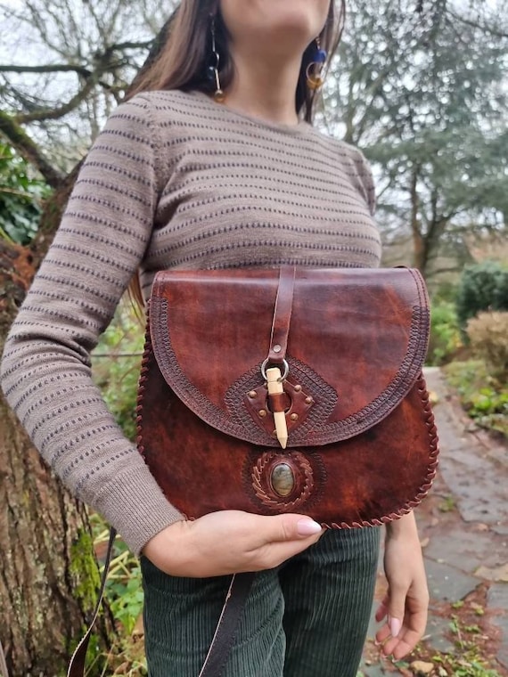 Tooled WESTERN LEATHER PURSE With Stone Vintage Hippie Bag 