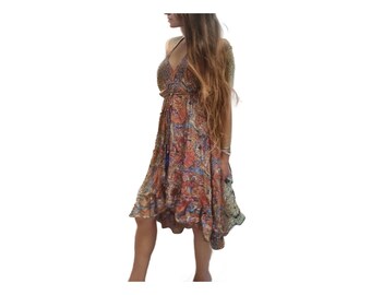 Backless SILK Midi Summer Dress with Low Cleavage - Boho Open Back Bridesmaids Dress - Hippie Beach Dress - Bohemian Festival Outfit