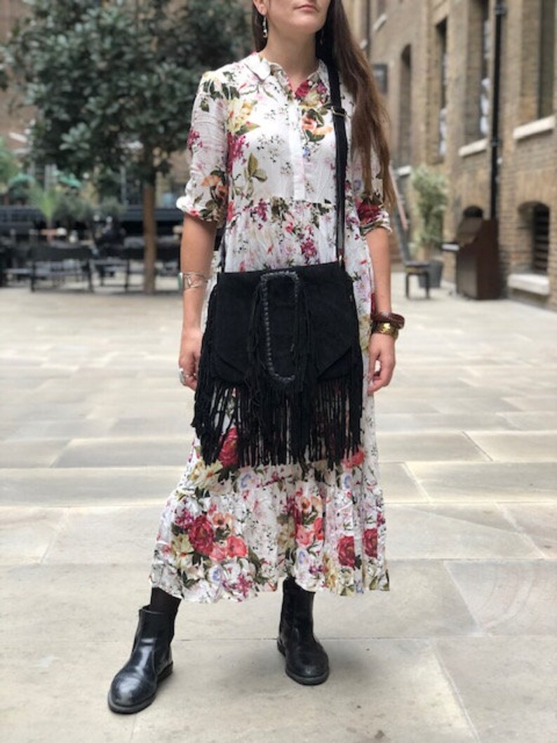 Braided FRINGE LEATHER BAG Tan Hippie Suede Tassel Handbag Black