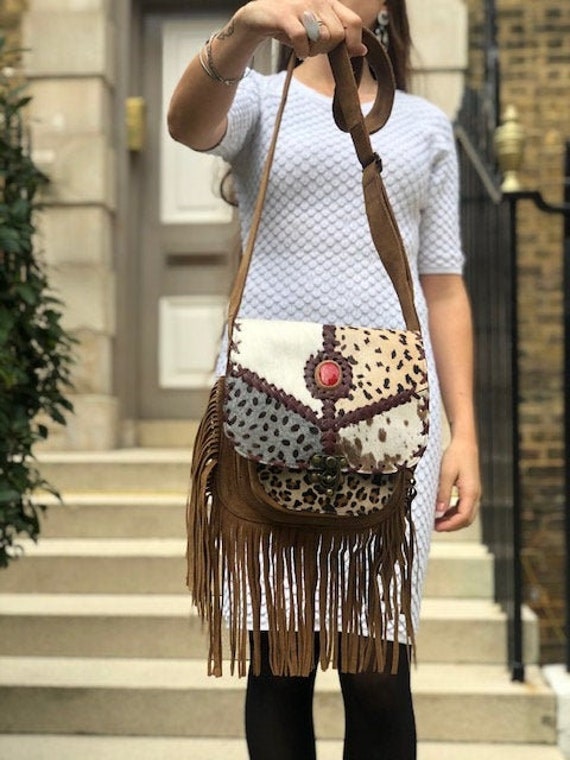 Brown Leather Handbag with Louis Vuitton Patch & Fringed Tassels