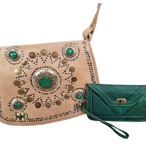 Bolso grande de cuero marroquí para mujer, bolso de hombro vintage, tote crossbody, bolso boho festival, conjunto de regalo de cartera de bolso combinado