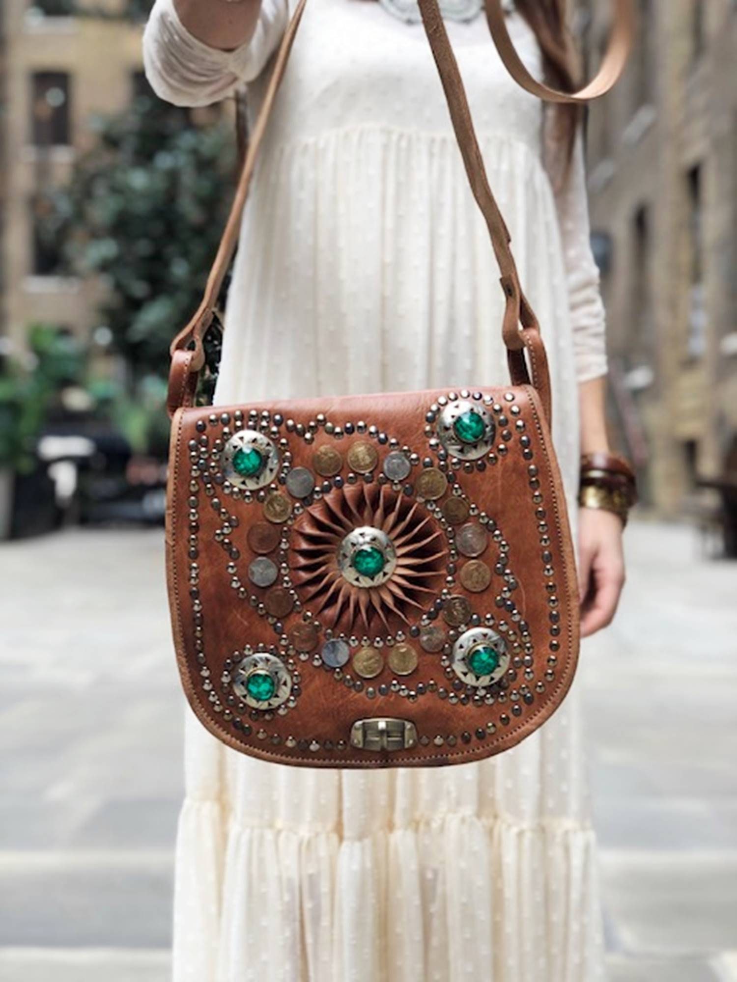 Vintage BOHO GENUINE LEATHER Saddle Bag With Green Stones Vintage BOHO GENUINE LEATHER Saddle Bag With Green Stones