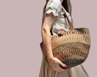 Handmade Boho Shoulder Bag for Women - Sisal Bucket Bag - Extra Large Genuine Leather Tote - African Kiondo Purse - Oversize Hobo Bag