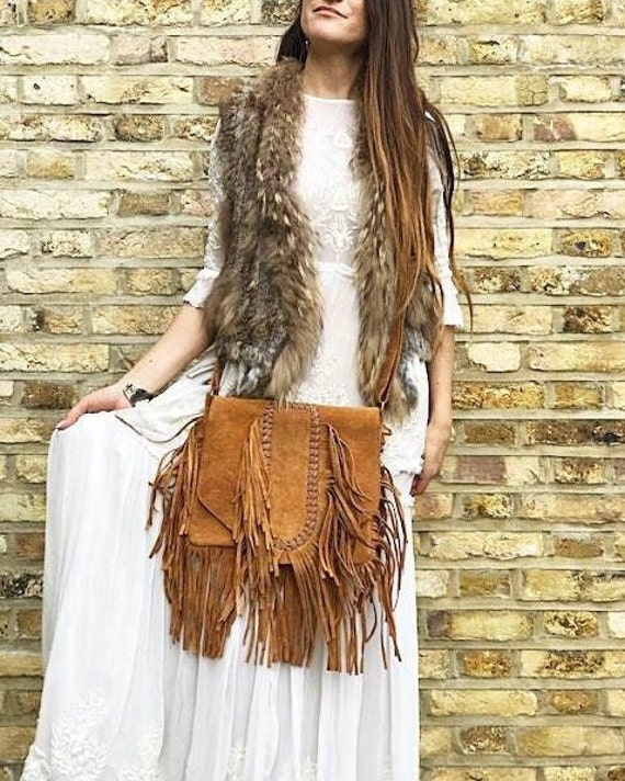 Hippie FRINGE LEATHER BAG Ethnic Tassel boho tan Western vintage Native  Festival