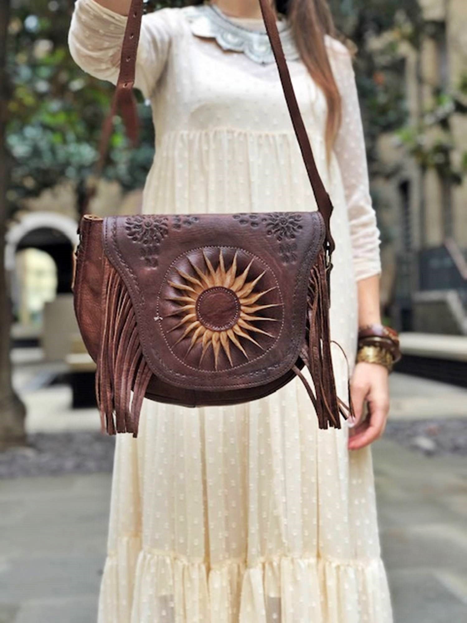 Tassel WESTERN LEATHER PURSE Stone, Boho Fringe Bag, Tooled Flower Saddle  Bag