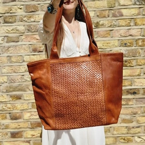 Women Leather Shoulder Bag Hand Woven Bag Vegan Leather Tote
