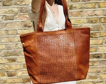 Large WOVEN LEATHER TOTE Tan, Boho Shoulder Bag vintage, Braided Genuine Leather Hobo Bag, Women Bohemian Purse, Hippie Summer Bag