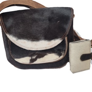 Conjunto de bolso y cartera de piel de vacuno a juego para ella, monedero vintage estilo western para mujer, cartera pequeña de piel con pelo de animal auténtico.