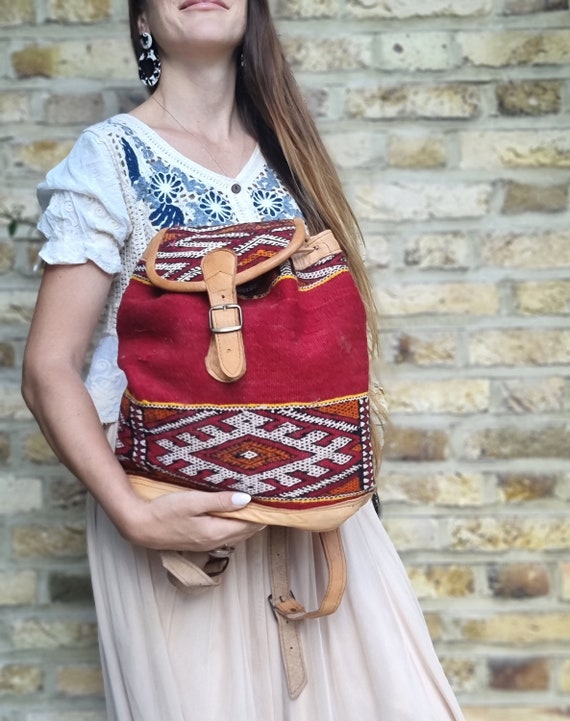 MOROCCAN LEATHER KILIM Backpack, Vintage Berber B… - image 2