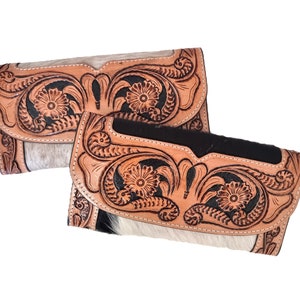Cartera larga de cuero de vaca con diseño floral con herramientas manuales - Cartera occidental grande para mujer - Monedero de embrague de sobre vintage