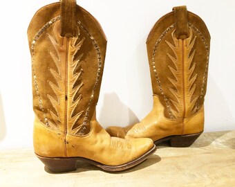 Children COWBOY LEATHER BOOTS Size 36, Girls Western Boots uk 3, Tan Brown Line Dancing Boots us 5, Horse Riding boots