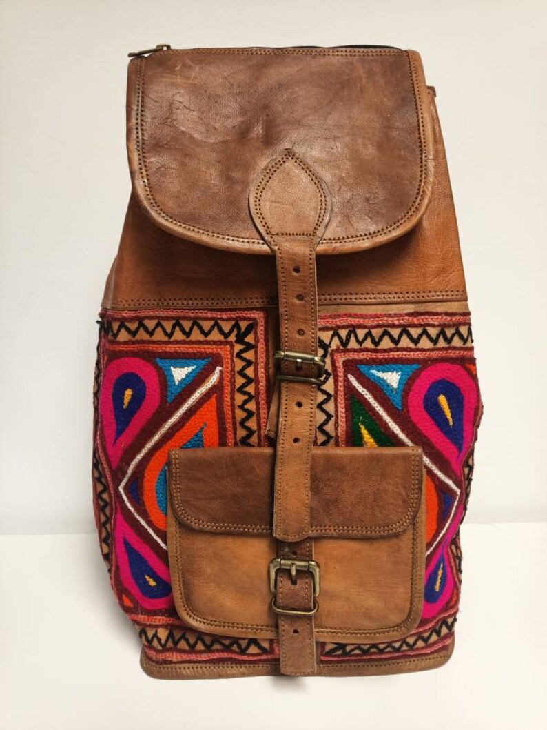 Large HIPPIE LEATHER BACKPACK Ethnic Vintage Rucksack Etsy