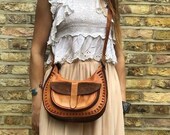 VINTAGE LEATHER SATCHEL, Simple Leather Crossbody Bag, Bohemian Purse Gypsy, Ethnic Festival Bag, Hippie Saddle Bag, Gift for her